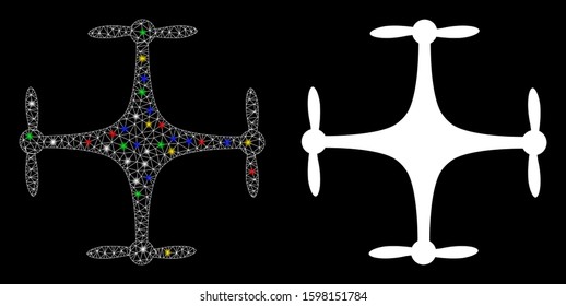 Glossy mesh copter icon with glare effect. Abstract illuminated model of copter. Shiny wire carcass triangular network copter icon. Vector abstraction on a black background.