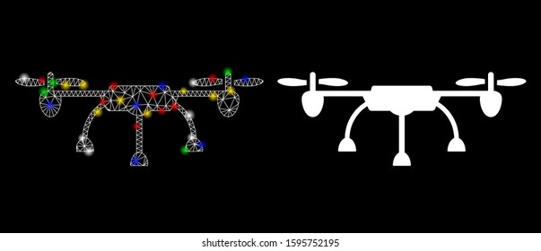 Glossy mesh copter icon with sparkle effect. Abstract illuminated model of copter. Shiny wire carcass polygonal mesh copter icon. Vector abstraction on a black background.