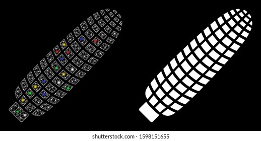 Glossy mesh corn ear icon with glare effect. Abstract illuminated model of corn ear. Shiny wire carcass triangular mesh corn ear icon. Vector abstraction on a black background.