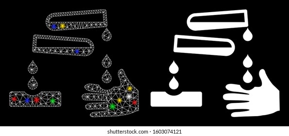 Glossy mesh corrosive drops icon with glare effect. Abstract illuminated model of corrosive drops. Shiny wire carcass polygonal mesh corrosive drops icon. Vector abstraction on a black background.