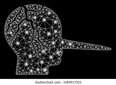Glossy mesh corrupted liar with glitter effect. Abstract illuminated model of corrupted liar icon. Shiny wire carcass polygonal mesh corrupted liar. Vector abstraction on a black background.