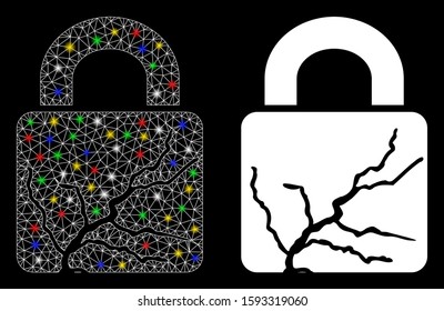 Glossy mesh corrupted lock icon with lightspot effect. Abstract illuminated model of corrupted lock. Shiny wire frame polygonal mesh corrupted lock icon. Vector abstraction on a black background.
