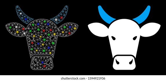 Glossy mesh cow icon with glitter effect. Abstract illuminated model of cow. Shiny wire carcass polygonal mesh cow icon. Vector abstraction on a black background.