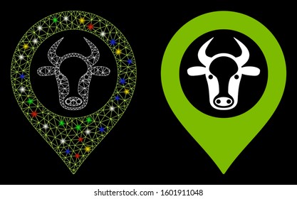 Glossy mesh cow map marker icon with glare effect. Abstract illuminated model of cow map marker. Shiny wire carcass triangular mesh cow map marker icon. Vector abstraction on a black background.