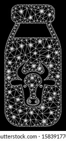 Glossy mesh cow milk with lightspot effect. Abstract illuminated model of cow milk icon. Shiny wire frame triangular mesh cow milk. Vector abstraction on a black background.