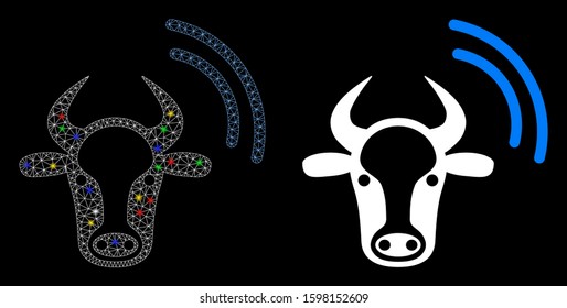 Glossy mesh cow radio signal icon with lightspot effect. Abstract illuminated model of cow radio signal. Shiny wire carcass polygonal mesh cow radio signal icon.