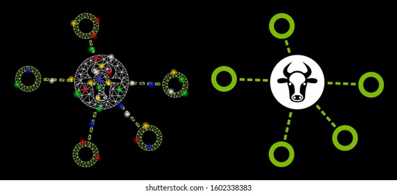 Glossy mesh cow relations icon with glitter effect. Abstract illuminated model of cow relations. Shiny wire carcass triangular mesh cow relations icon. Vector abstraction on a black background.