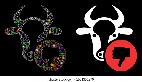 Glossy mesh cow thumb down icon with glitter effect. Abstract illuminated model of cow thumb down. Shiny wire carcass polygonal mesh cow thumb down icon. Vector abstraction on a black background.