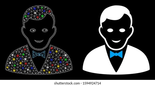 Glossy mesh croupier manager icon with glitter effect. Abstract illuminated model of croupier manager. Shiny wire carcass polygonal mesh croupier manager icon.