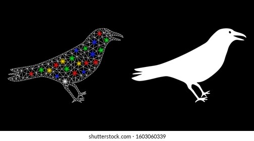 Glossy mesh crow icon with lightspot effect. Abstract illuminated model of crow. Shiny wire carcass polygonal network crow icon. Vector abstraction on a black background.