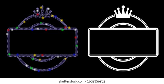 Glossy mesh crown round and rectangle frame icon with glitter effect. Abstract illuminated model of crown round and rectangle frame.