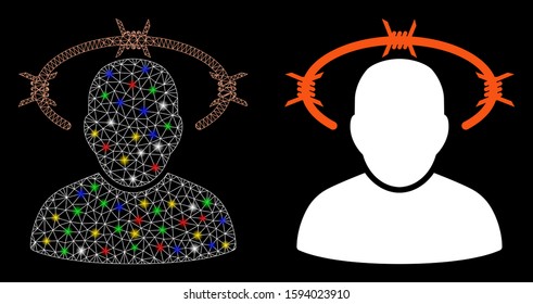 Glossy mesh crown of thorns icon with glitter effect. Abstract illuminated model of crown of thorns. Shiny wire frame triangular mesh crown of thorns icon. Vector abstraction on a black background.