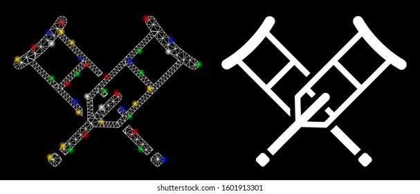 Glossy mesh crutches icon with glare effect. Abstract illuminated model of crutches. Shiny wire carcass triangular mesh crutches icon. Vector abstraction on a black background.