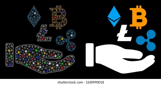 Glossy mesh cryptocurrency investment hand icon with glow effect. Abstract illuminated model of cryptocurrency investment hand. Shiny wire frame polygonal mesh cryptocurrency investment hand icon.