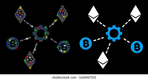 Glossy mesh cryptocurrency network nodes icon with lightspot effect. Abstract illuminated model of cryptocurrency network nodes. Shiny wire carcass polygonal mesh cryptocurrency network nodes icon.
