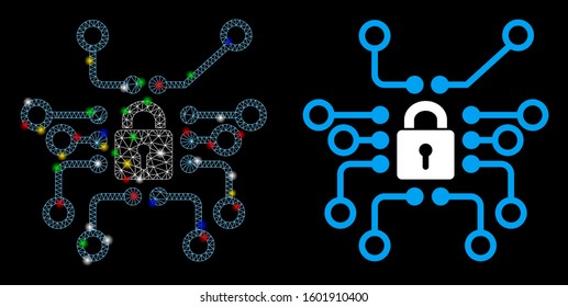 Glossy mesh cryptography icon with glow effect. Abstract illuminated model of cryptography. Shiny wire carcass triangular mesh cryptography icon. Vector abstraction on a black background.