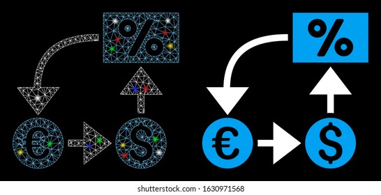 Glossy Mesh Currency Cashflow Icon With Glow Effect. Abstract Illuminated Model Of Currency Cashflow. Shiny Wire Carcass Triangular Mesh Currency Cashflow Icon.