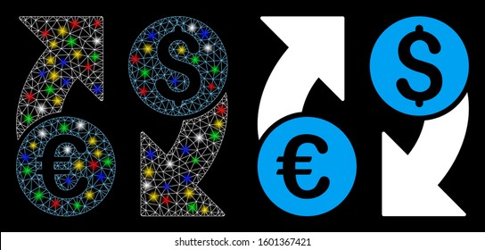 Glossy mesh currency change icon with glow effect. Abstract illuminated model of currency change. Shiny wire carcass triangular mesh currency change icon. Vector abstraction on a black background.