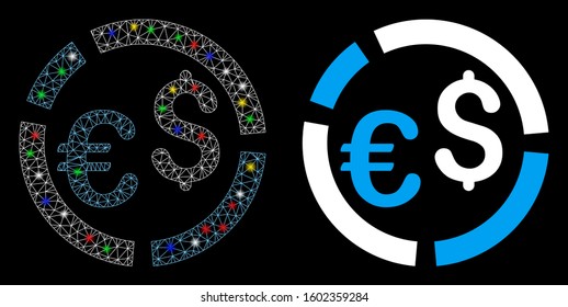 Glossy mesh currency diagram icon with glow effect. Abstract illuminated model of currency diagram. Shiny wire frame triangular mesh currency diagram icon. Vector abstraction on a black background.