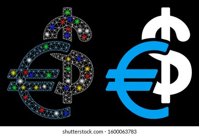 Glossy mesh currency icon with lightspot effect. Abstract illuminated model of currency. Shiny wire frame polygonal mesh currency icon. Vector abstraction on a black background.