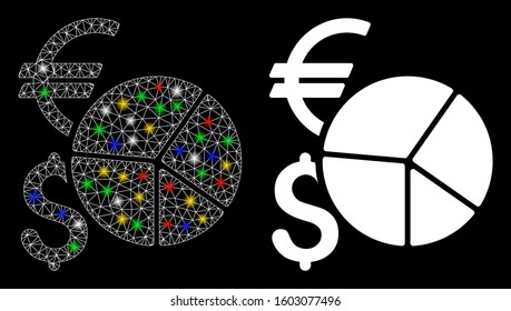 Glossy mesh currency pie chart icon with sparkle effect. Abstract illuminated model of currency pie chart. Shiny wire carcass triangular mesh currency pie chart icon.
