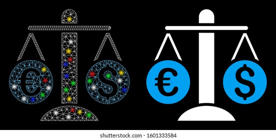 Glossy mesh currency scales icon with glitter effect. Abstract illuminated model of currency scales. Shiny wire carcass polygonal mesh currency scales icon. Vector abstraction on a black background.