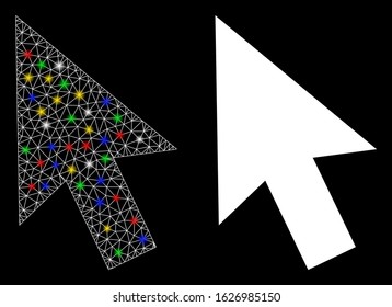 Glossy mesh cursor arrow icon with glitter effect. Abstract illuminated model of cursor arrow. Shiny wire frame polygonal mesh cursor arrow icon. Vector abstraction on a black background.