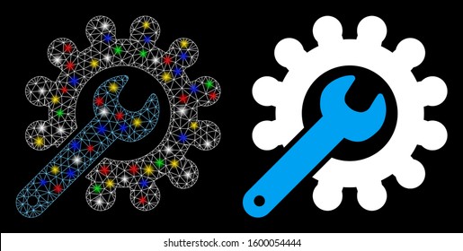 Glossy mesh customization tools icon with glitter effect. Abstract illuminated model of customization tools. Shiny wire carcass triangular mesh customization tools icon.