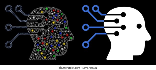 Glossy mesh cyborg brain interface circuit icon with glow effect. Abstract illuminated model of cyborg brain interface circuit. Shiny wire frame polygonal mesh cyborg brain interface circuit icon.