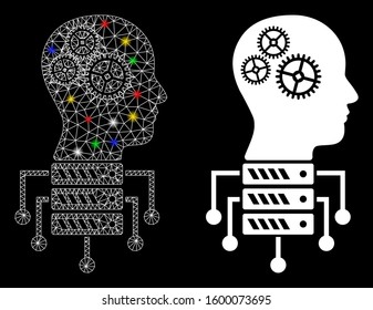 Glossy mesh cyborg server node icon with glitter effect. Abstract illuminated model of cyborg server node. Shiny wire carcass triangular mesh cyborg server node icon.