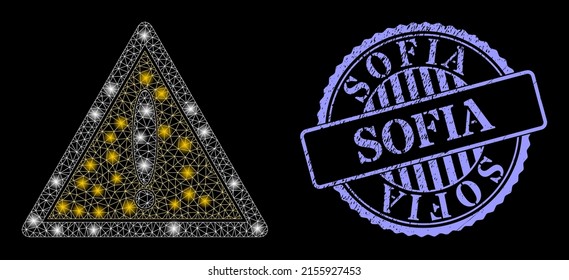 Glossy mesh danger triangle with lightspots, and Sofia blue round scratched stamp. Vector frame based on danger triangle icon. Sparkle frame mesh danger triangle.
