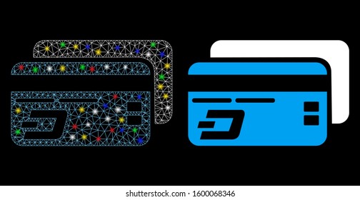 Glossy mesh Dash bank cards icon with glitter effect. Abstract illuminated model of Dash bank cards. Shiny wire frame polygonal mesh Dash bank cards icon. Vector abstraction on a black background.