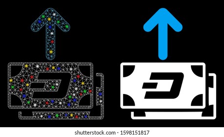 Glossy mesh Dash banknotes pay out icon with lightspot effect. Abstract illuminated model of Dash banknotes pay out. Shiny wire carcass polygonal mesh Dash banknotes pay out icon.