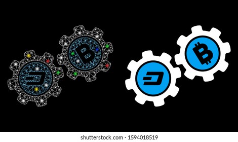 Glossy mesh Dash Bitcoin gears icon with glitter effect. Abstract illuminated model of Dash Bitcoin gears. Shiny wire carcass triangular mesh Dash Bitcoin gears icon.