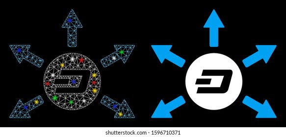 Glossy mesh Dash coin payout arrows icon with glare effect. Abstract illuminated model of Dash coin payout arrows. Shiny wire frame polygonal mesh Dash coin payout arrows icon.