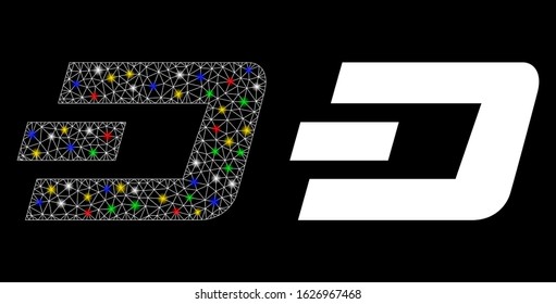Glossy mesh Dash currency icon with glitter effect. Abstract illuminated model of Dash currency. Shiny wire carcass polygonal mesh Dash currency icon. Vector abstraction on a black background.