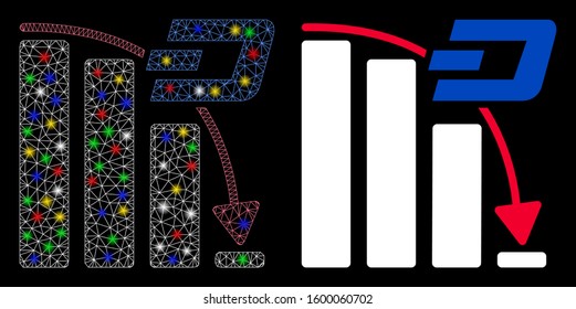 Glossy mesh Dash falling acceleration chart icon with glare effect. Abstract illuminated model of Dash falling acceleration chart.