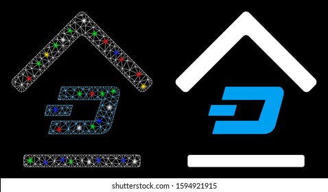 Glossy mesh Dash garage icon with glare effect. Abstract illuminated model of Dash garage. Shiny wire carcass triangular mesh Dash garage icon. Vector abstraction on a black background.