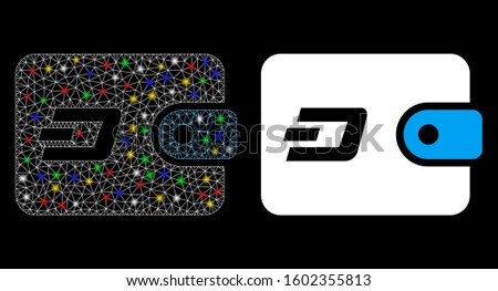 Glossy mesh Dash pouch icon with glare effect. Abstract illuminated model of Dash pouch. Shiny wire frame triangular mesh Dash pouch icon. Vector abstraction on a black background.