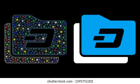 Glossy mesh Dash purse icon with glitter effect. Abstract illuminated model of Dash purse. Shiny wire carcass triangular network Dash purse icon. Vector abstraction on a black background.