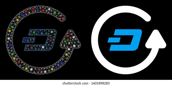Glossy mesh Dash refund icon with glitter effect. Abstract illuminated model of Dash refund. Shiny wire carcass polygonal mesh Dash refund icon. Vector abstraction on a black background.