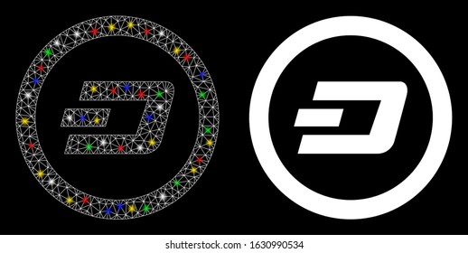 Glossy mesh Dash rounded icon with sparkle effect. Abstract illuminated model of Dash rounded. Shiny wire carcass polygonal mesh Dash rounded icon. Vector abstraction on a black background.