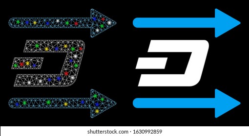 Glossy mesh Dash send arrows icon with glare effect. Abstract illuminated model of Dash send arrows. Shiny wire frame triangular mesh Dash send arrows icon. Vector abstraction on a black background.