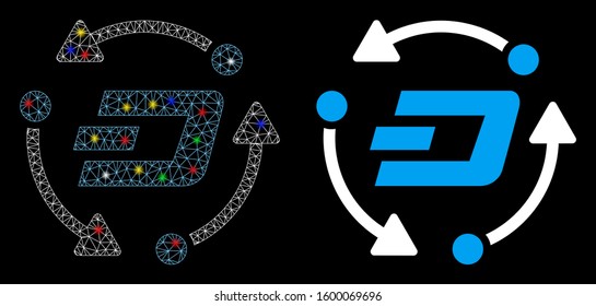 Glossy mesh Dash turnover icon with sparkle effect. Abstract illuminated model of Dash turnover. Shiny wire carcass triangular mesh Dash turnover icon. Vector abstraction on a black background.