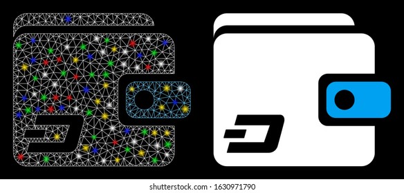 Glossy mesh Dash wallet icon with glitter effect. Abstract illuminated model of Dash wallet. Shiny wire frame polygonal mesh Dash wallet icon. Vector abstraction on a black background.