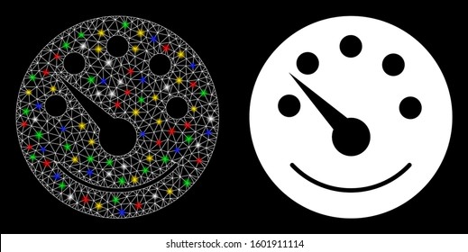 Glossy mesh dashboard icon with sparkle effect. Abstract illuminated model of dashboard. Shiny wire carcass triangular mesh dashboard icon. Vector abstraction on a black background.