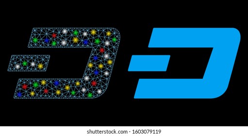 Glossy mesh Dashcoin icon with lightspot effect. Abstract illuminated model of Dashcoin. Shiny wire frame polygonal mesh Dashcoin icon. Vector abstraction on a black background.