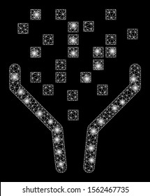 Glossy mesh data processing funnel with glow effect. Abstract illuminated model of data processing funnel icon. Shiny wire carcass triangular network data processing funnel.