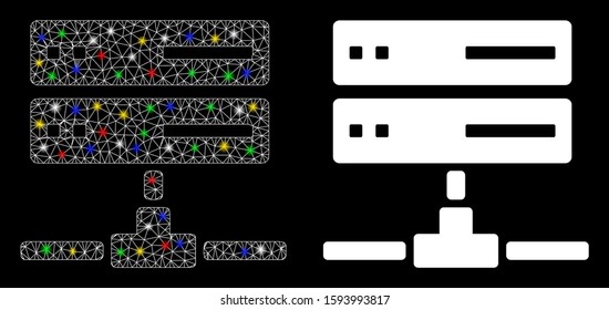 Glossy mesh database connection icon with sparkle effect. Abstract illuminated model of database connection. Shiny wire frame triangular network database connection icon.