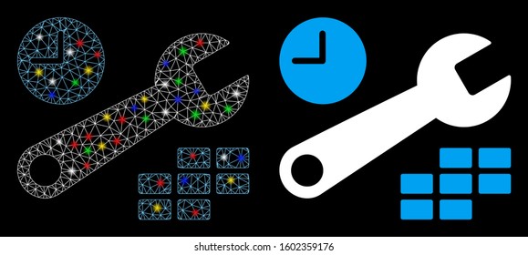 Glossy mesh date and time configuration icon with sparkle effect. Abstract illuminated model of date and time configuration. Shiny wire carcass triangular mesh date and time configuration icon.
